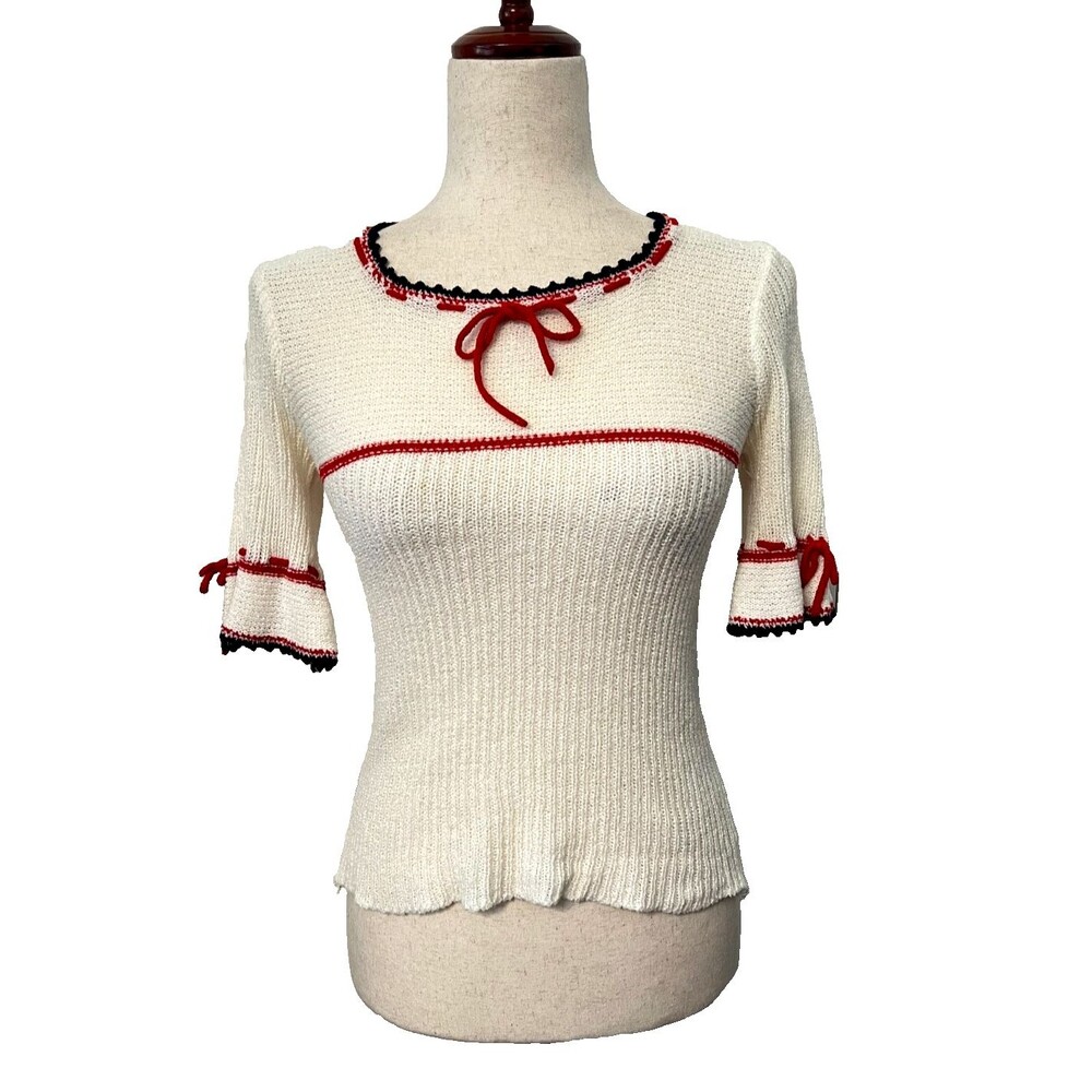 Vtg Fashion Imports Women's S Knit Sweater Cream Red Navy Bell 1/2 Sleeves Bows